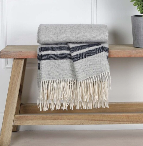 Grey with Navy Stripe Pure Wool Throw
